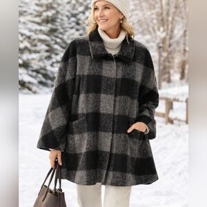 Coldwater Creek Black & Gray Plaid Wool Blend Swing Coat